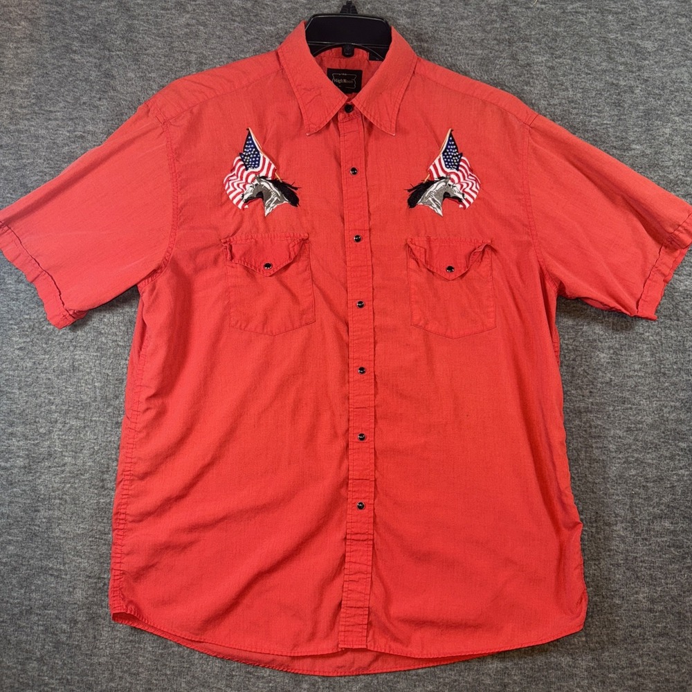 high noon RED WESTERN SHIRT MUSTANG FLAGS short Sleeve Cotton Vtg Pearl Snaps L